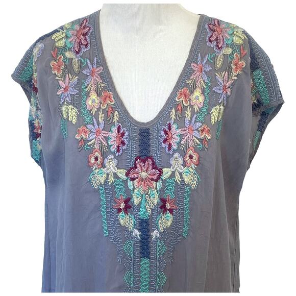Johnny Was Yasi Embroidered Tunic Women's Small Lavender-Gray V-Neck Boho Dress